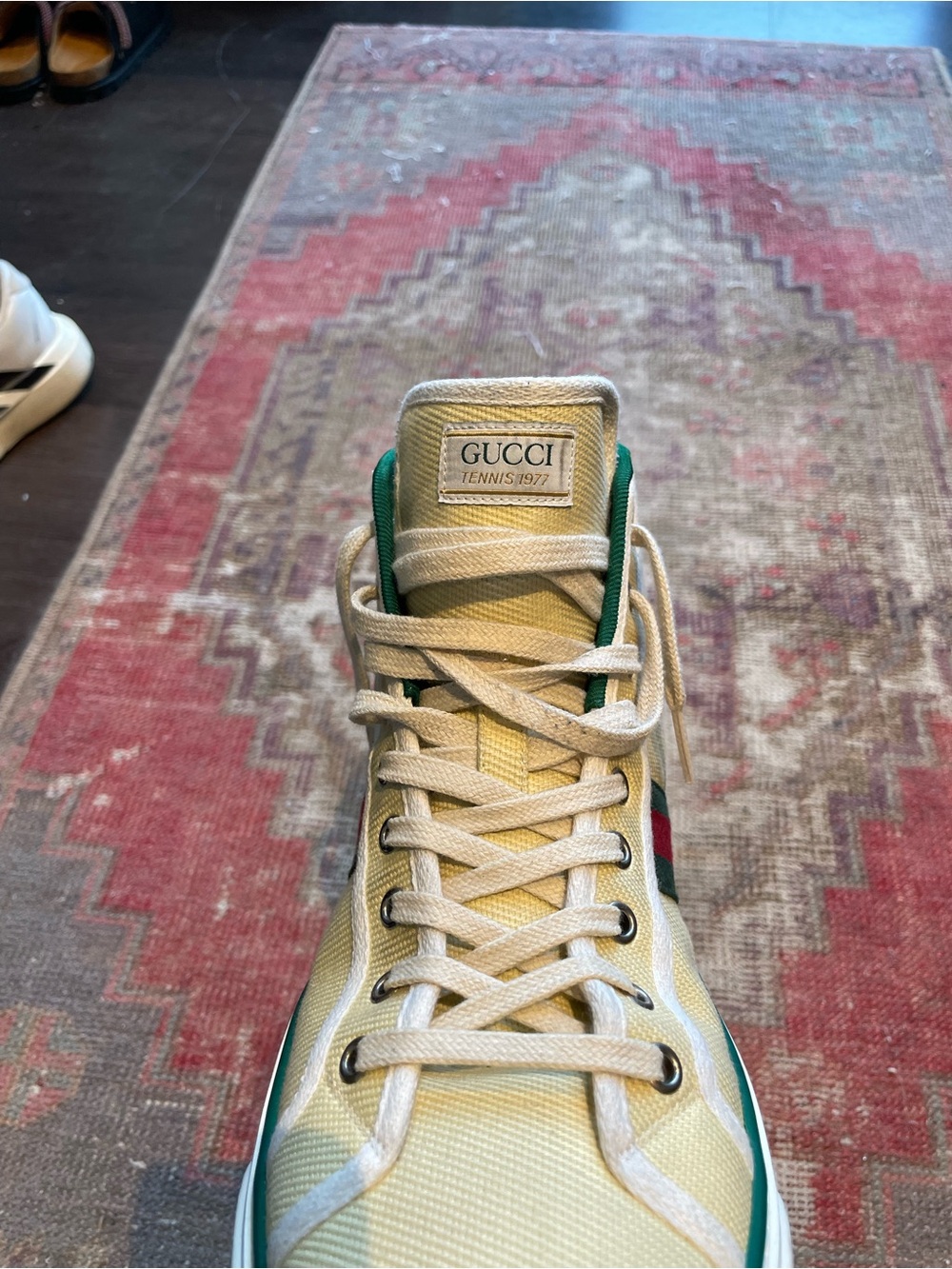 Gucci Cream High-Top Sneakers with Green & Red Web Stripe - Picture 2 of 5